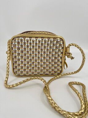 Vintage Tianni Crossbody Bag Gold Metallic Woven Camera Braided Strap Y2K
